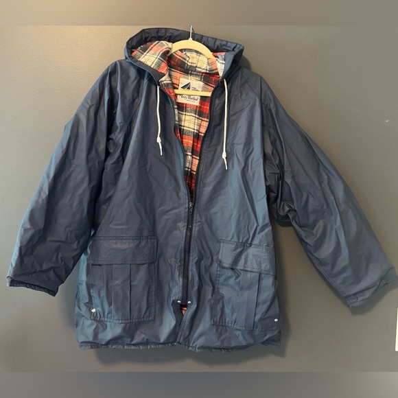 Vintage Misty Harbor Rain Jacket Coat Hooded Pockets Zip PVC Navy Blue Large - Picture 1 of 2